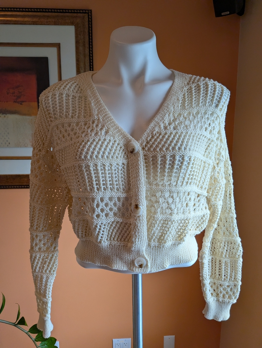 SHEIN Cream Open-Knit V-Neck Button Cardigan